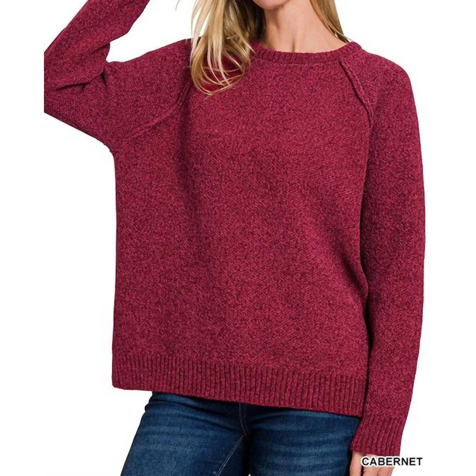New Zenana Chenille Raglan Sweater In Cabernet